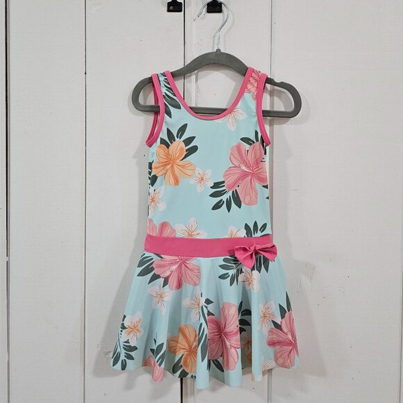 Girls Skirted Swimsuit/Unitard Active Dress Mint Green with Hawaiian Flowers 4T - Picture 1 of 4
